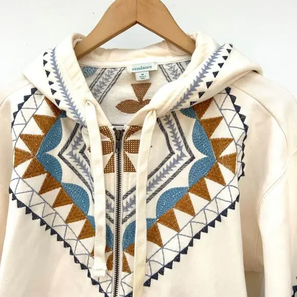 Sundance Embroidered Cotton Hoodie Sweatshirt Cream Southwestern Medium - Picture 6 of 9